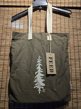 FEED Olive Green Canvas Tote Bag with Tree Graphic